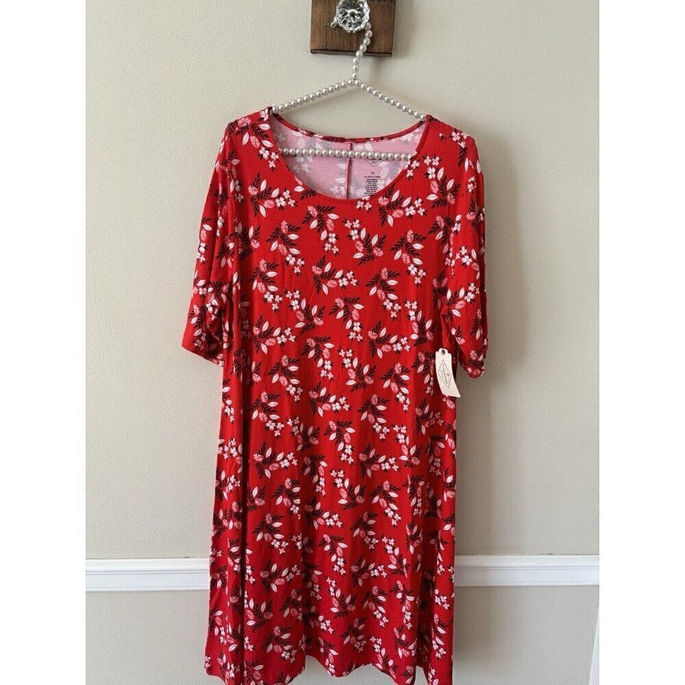 NWT St Johns Bay Womens Size XL Red Floral Dress Short Half Sleeve